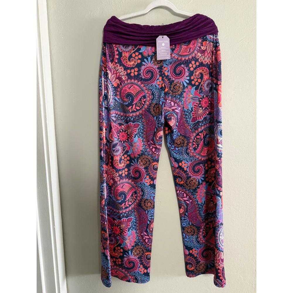 Gracyoga boho XL Paisley floral Flare Pants Purple Wide Leg Yoga pink y2k fairy - Picture 2 of 7